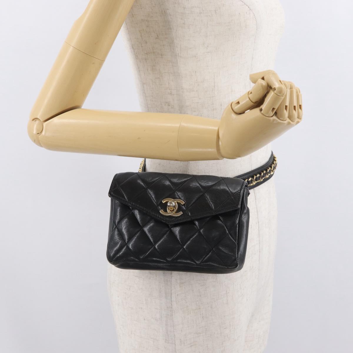 CHANEL Matelasse Waist Bag Leather Black Gold CC Auth BA10856