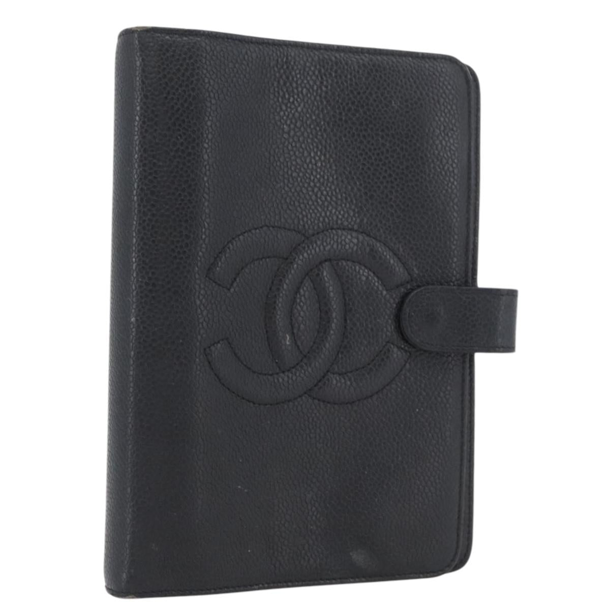 CHANEL Day Planner Cover Caviar Skin Black Gold CC Auth BA10875