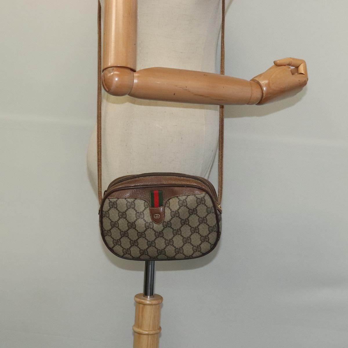 GUCCI GG Supreme Web Sherry Line Shoulder Bag PVC Leather Beige Gold Auth BA1092