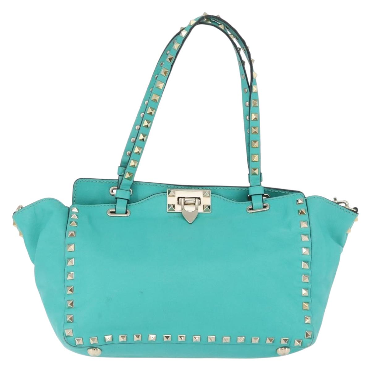VALENTINO Rock Studs Hand Bag Leather 2way Green Gold Auth BA10926