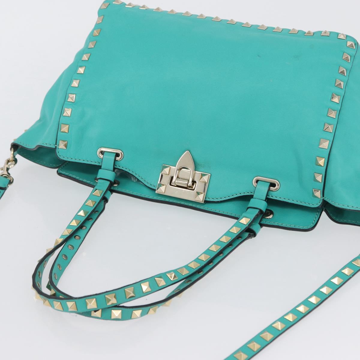VALENTINO Rock Studs Hand Bag Leather 2way Green Gold Auth BA10926