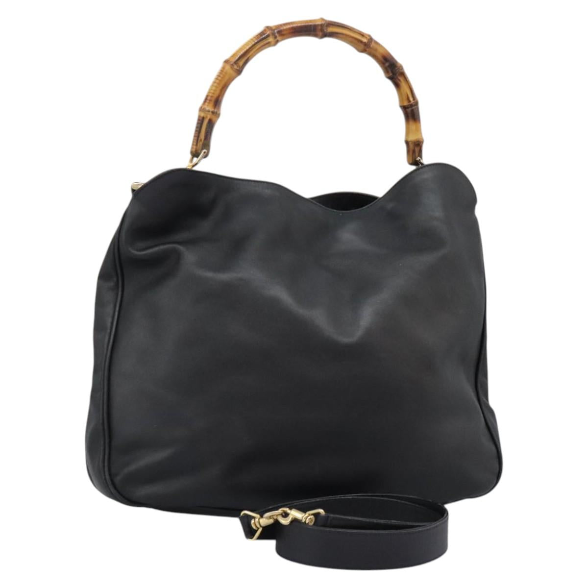 GUCCI Bamboo Hand Bag Leather 2way Black Gold 001 1781 1577 0 Auth BA1094