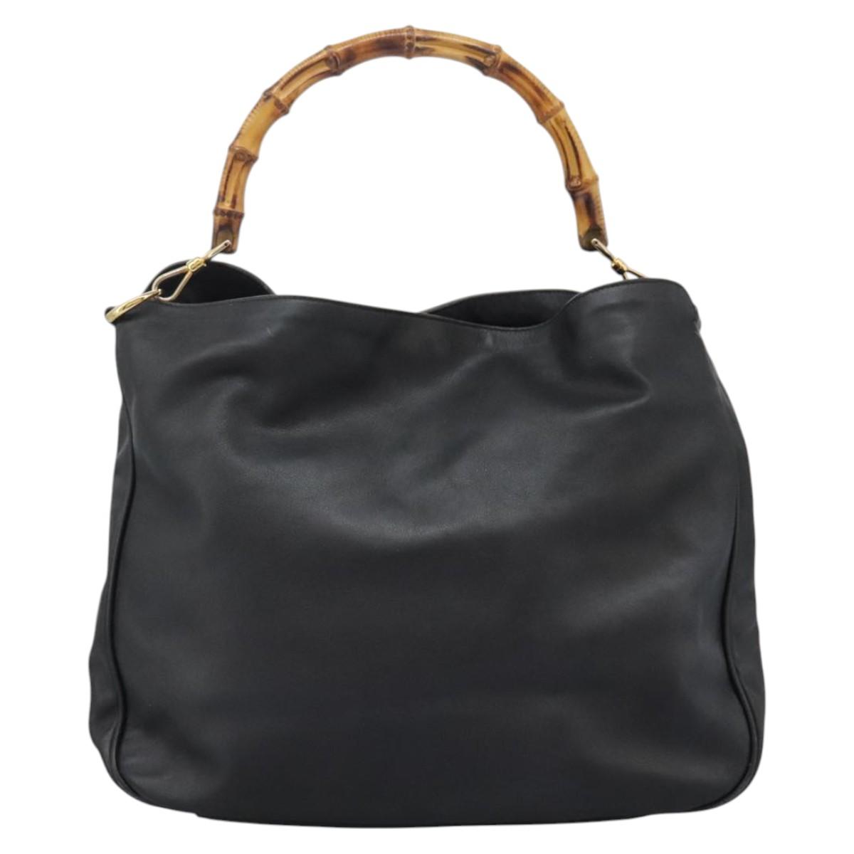 GUCCI Bamboo Hand Bag Leather 2way Black Gold 001 1781 1577 0 Auth BA1094