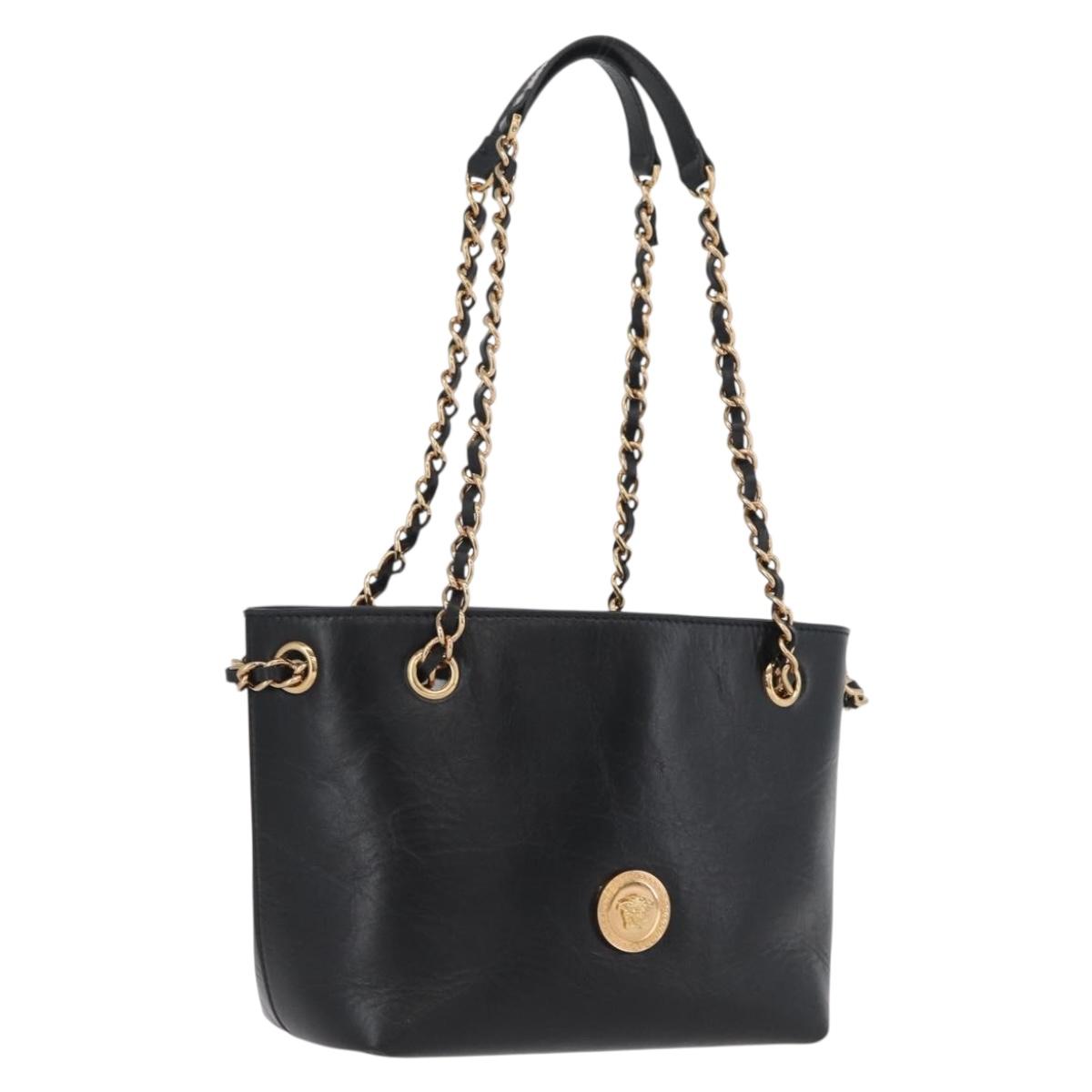 BOTTEGA VENETA Chain Tote Bag Leather Black Gold Auth BA10943