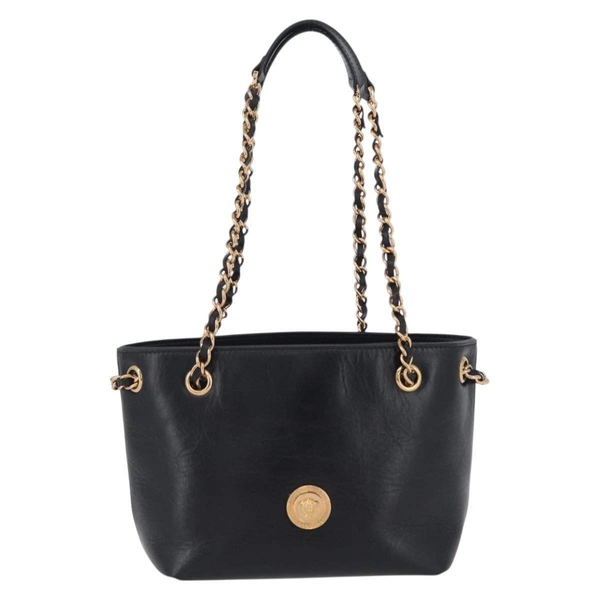 BOTTEGA VENETA Chain Tote Bag Leather Black Gold Auth BA10943