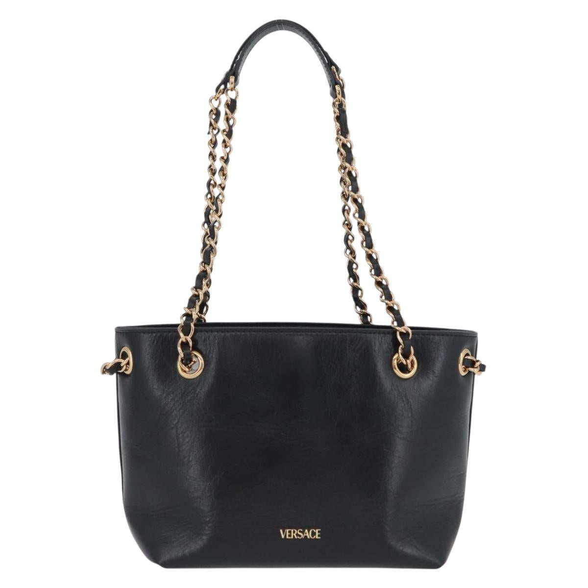 BOTTEGA VENETA Chain Tote Bag Leather Black Gold Auth BA10943