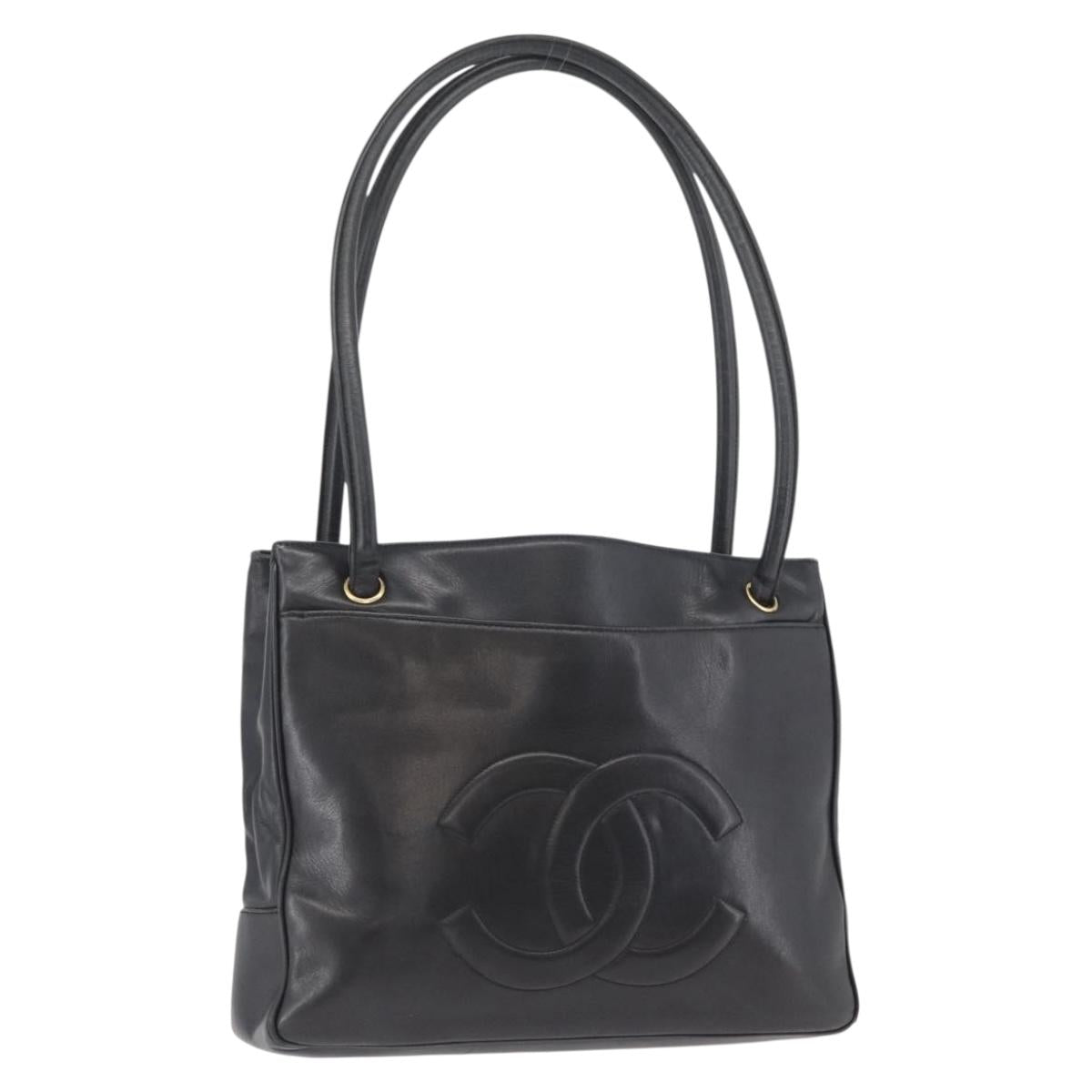 CHANEL Tote Bag Leather Black Gold CC Auth BA10944