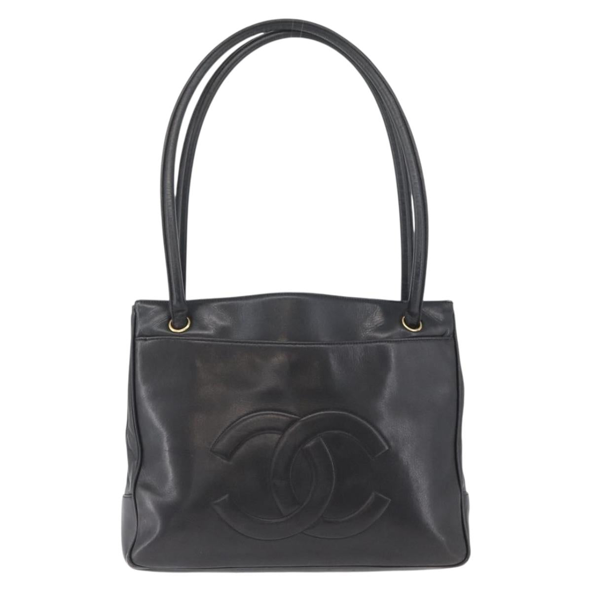 CHANEL Tote Bag Leather Black Gold CC Auth BA10944