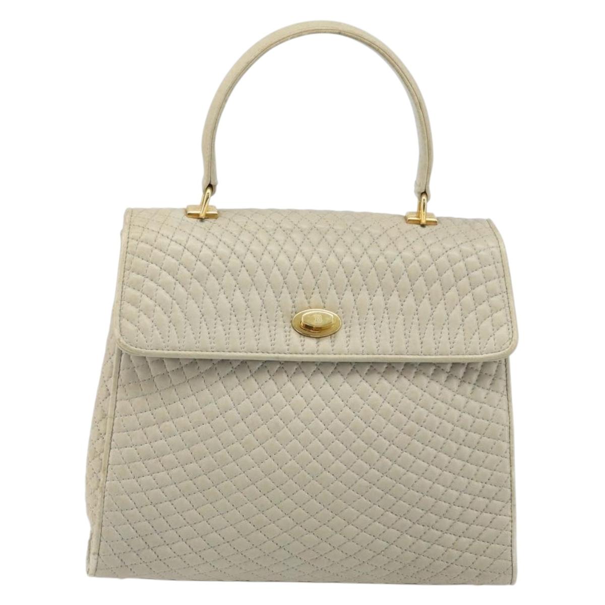 BALLY Hand Bag Leather Ivory Gold Auth BA10961