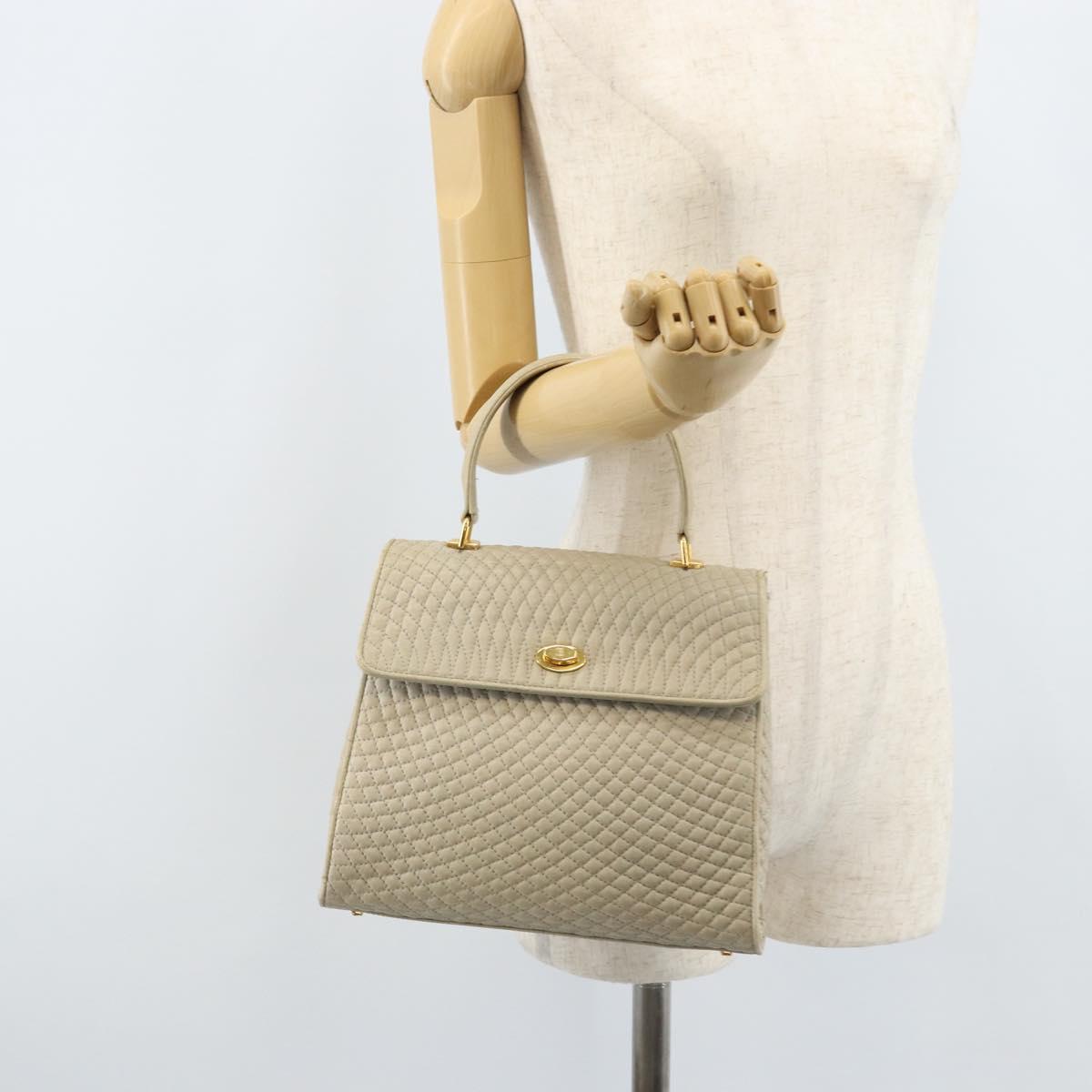 BALLY Hand Bag Leather Ivory Gold Auth BA10961