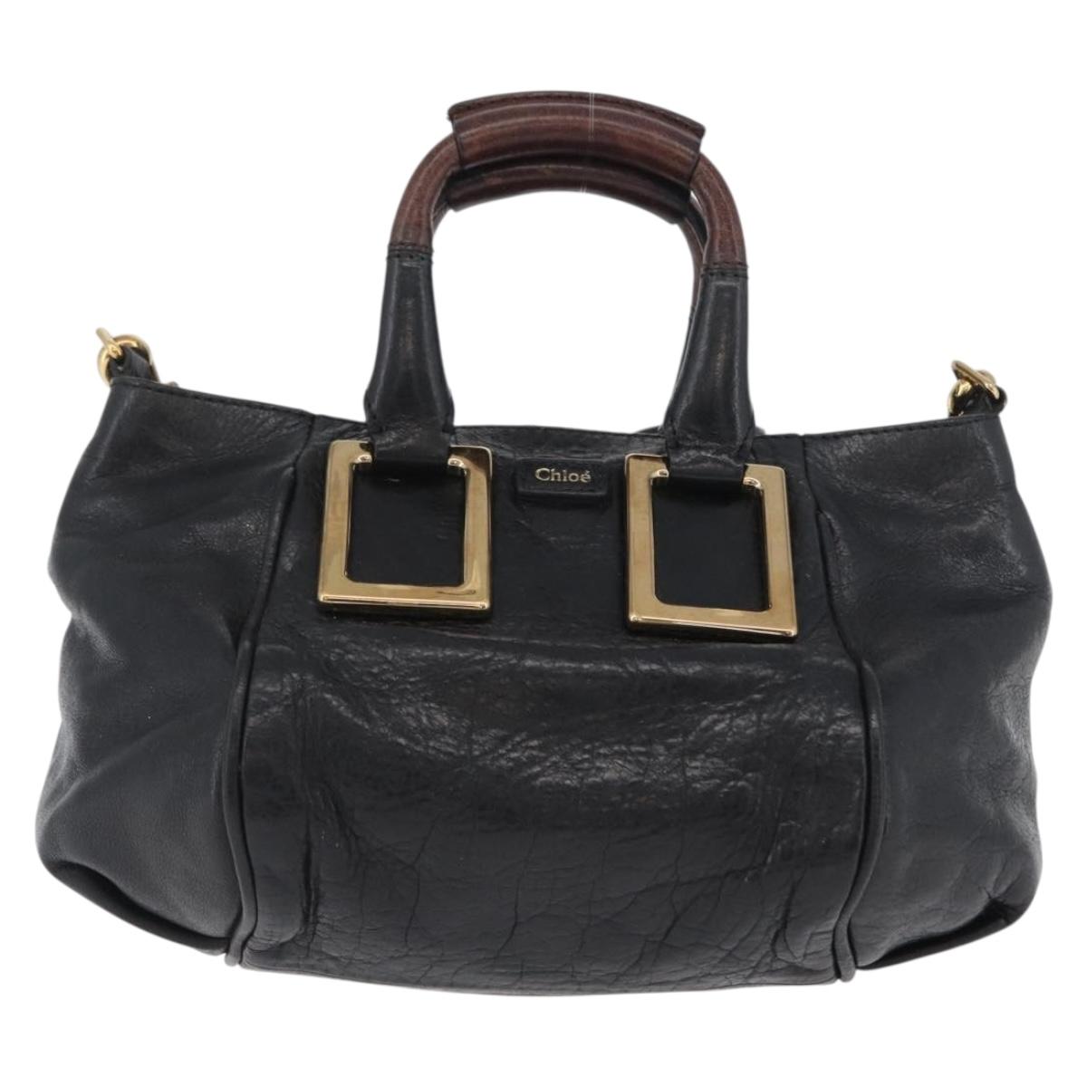 Chloe Etel Hand Bag Leather 2way Black Gold Auth BA10965