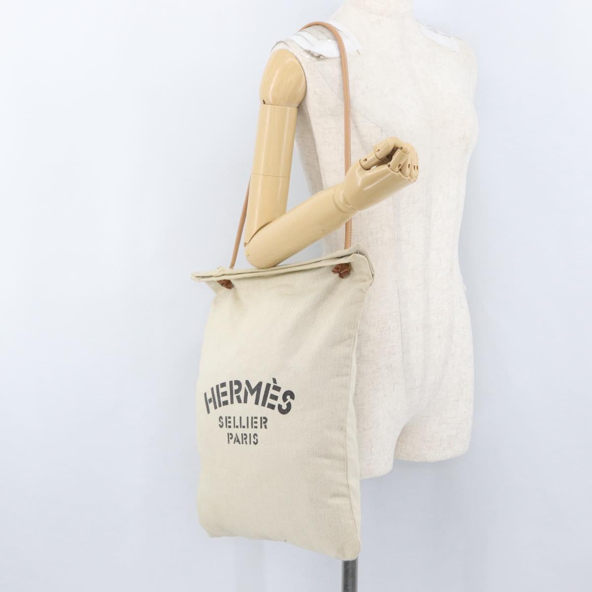HERMES Aline PM Shoulder Bag Canvas Beige Gold Auth BA10967