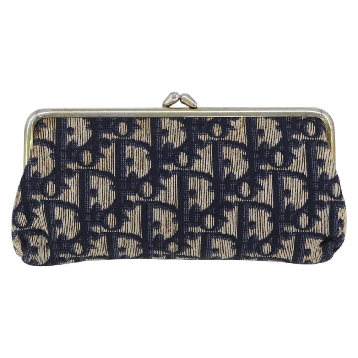 Christian Dior Trotter Canvas Gamaguchi Pouch Navy Gold Auth BA10970