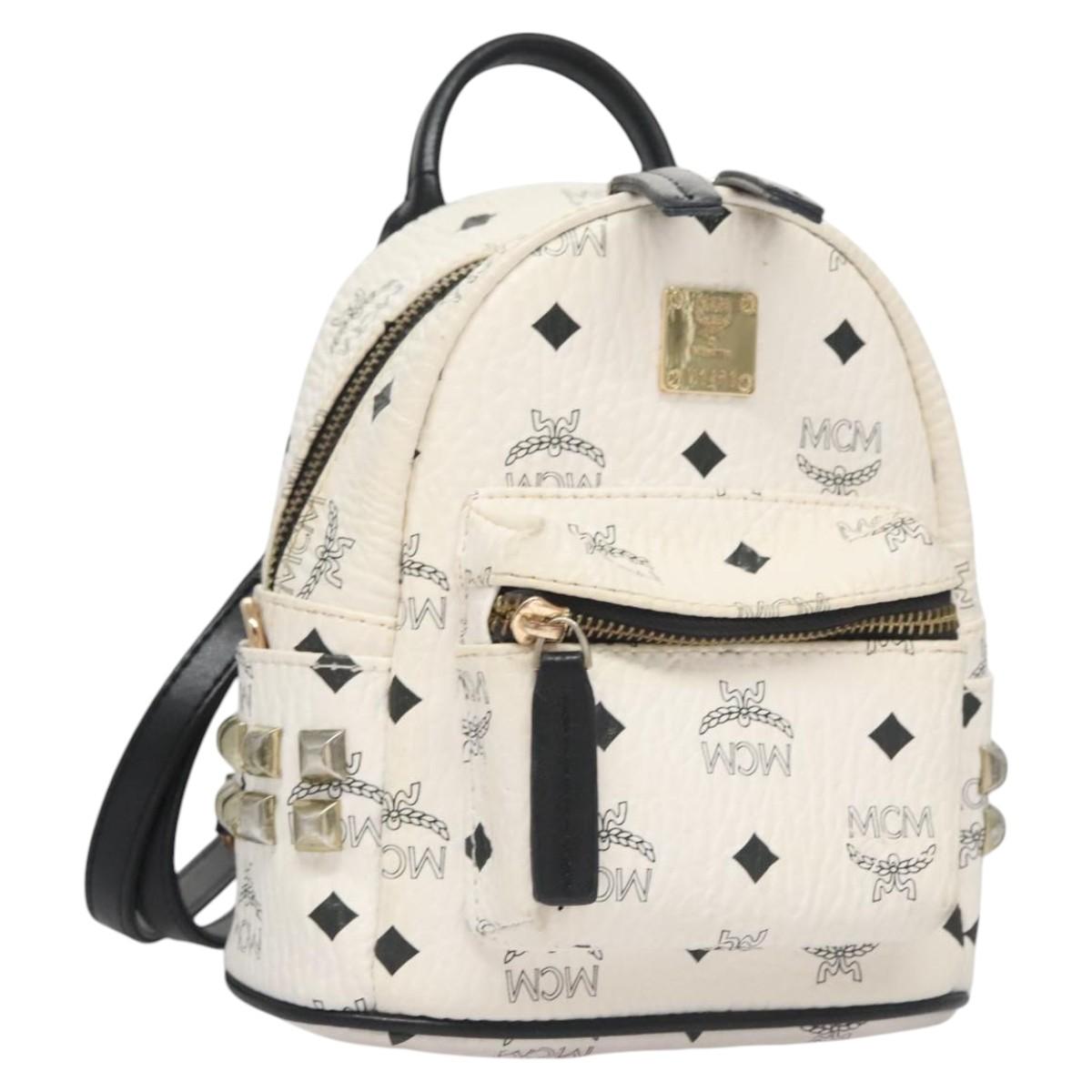 MCM Vicetos Logogram Backpack PVC Leather White Navy gold Auth BA110