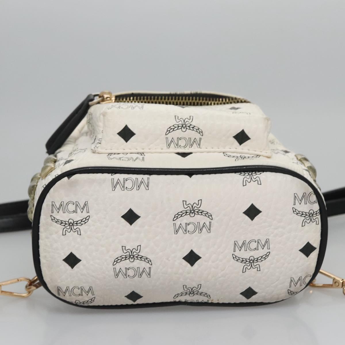 MCM Vicetos Logogram Backpack PVC Leather White Navy gold Auth BA110