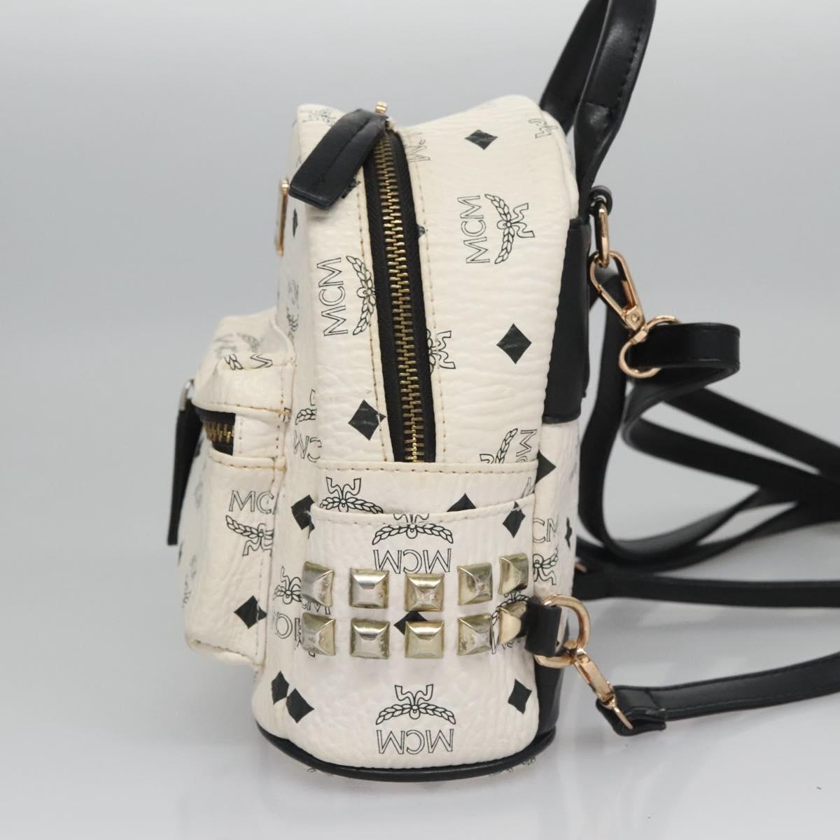 MCM Vicetos Logogram Backpack PVC Leather White Navy gold Auth BA110