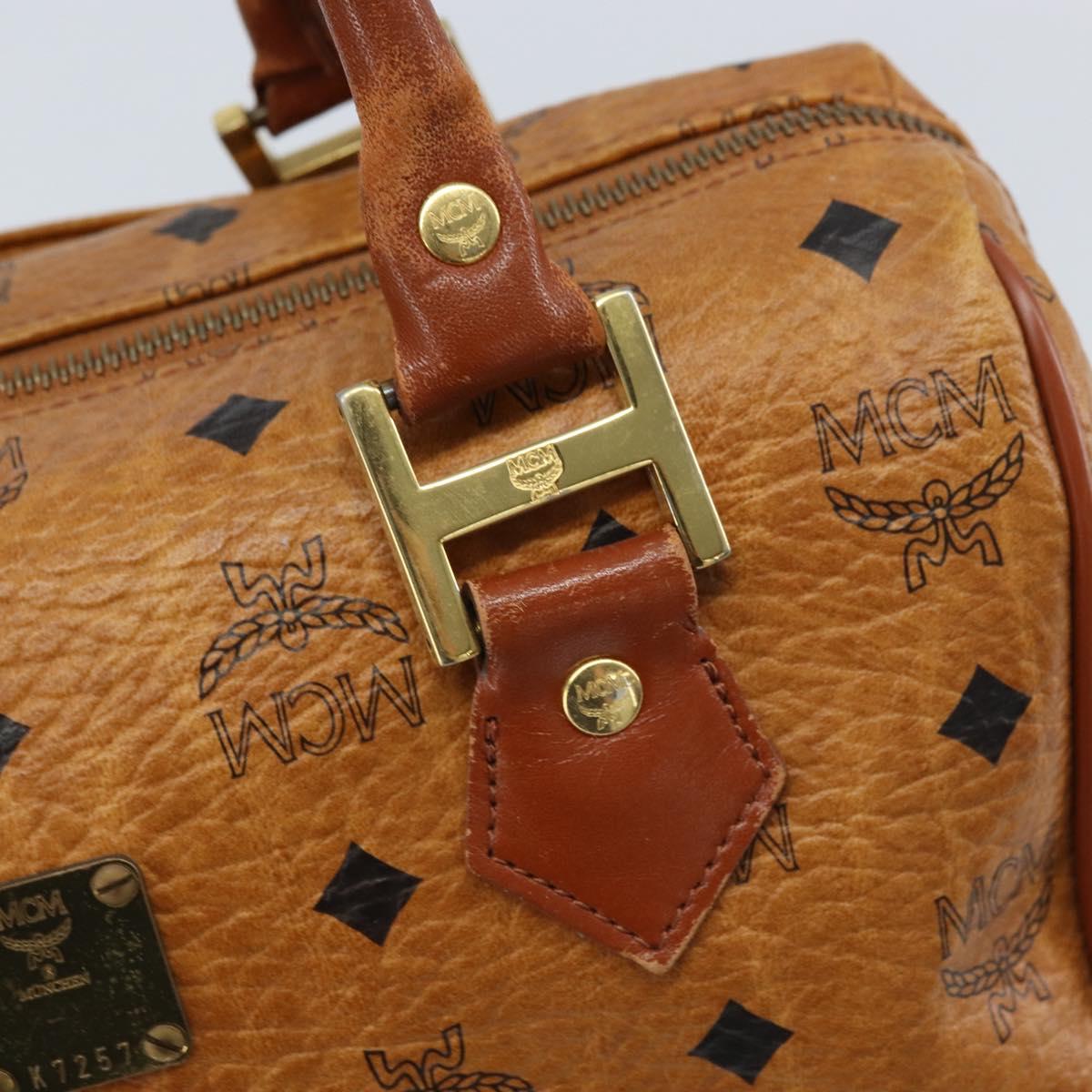 MCM Vicetos Logogram Boston Bag PVC Leather Brown Gold Auth BA11007