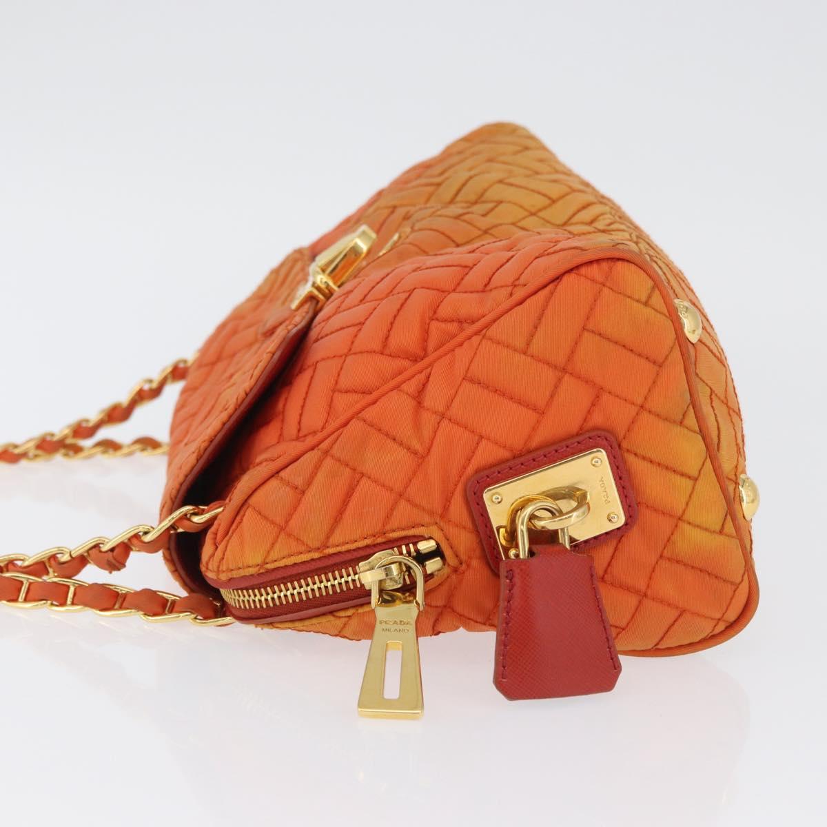 PRADA Quilted Chain Shoulder Bag Nylon Orange Gold Auth BA11028