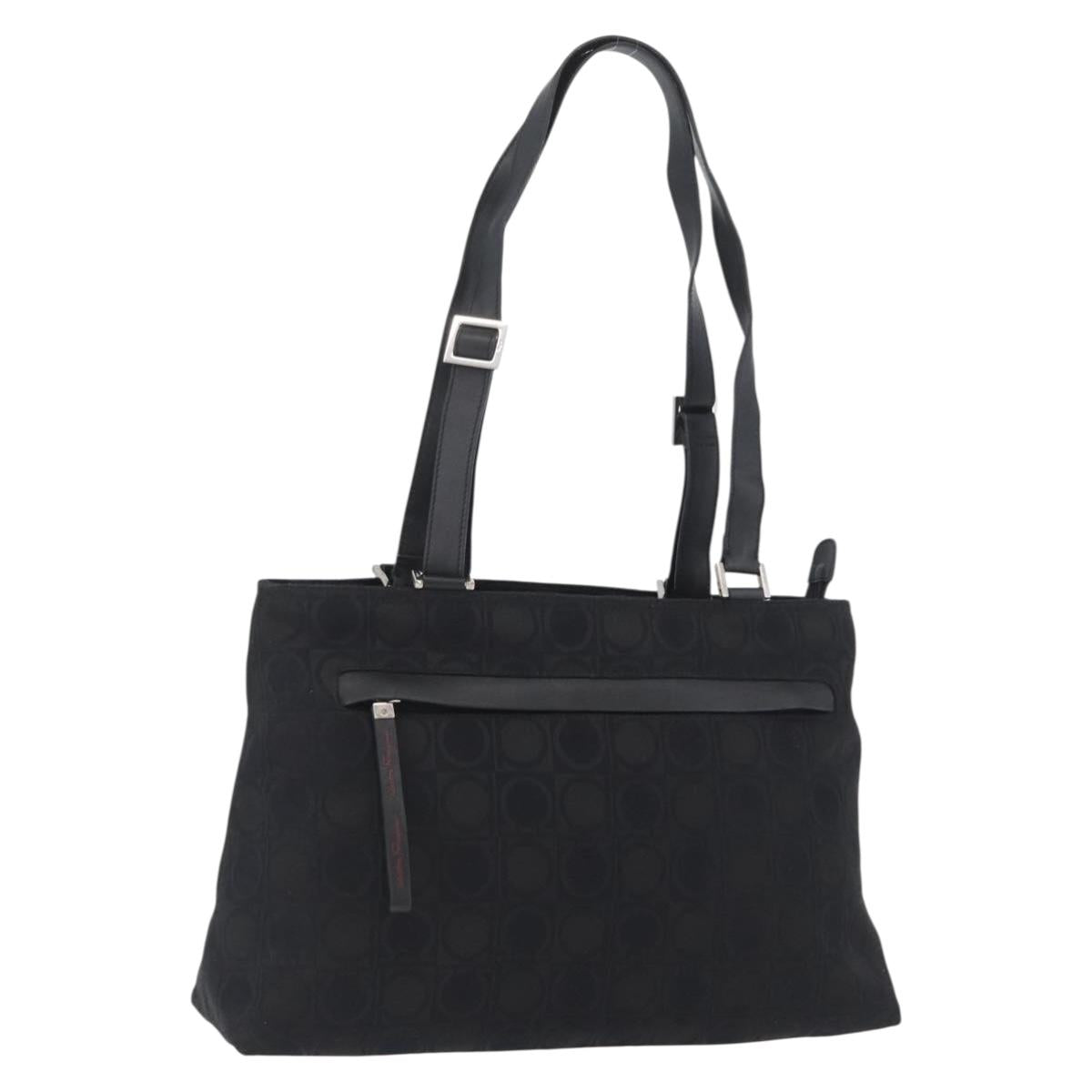 Salvatore Ferragamo Gancini Tote Bag Canvas Leather Black Silver Auth BA11046