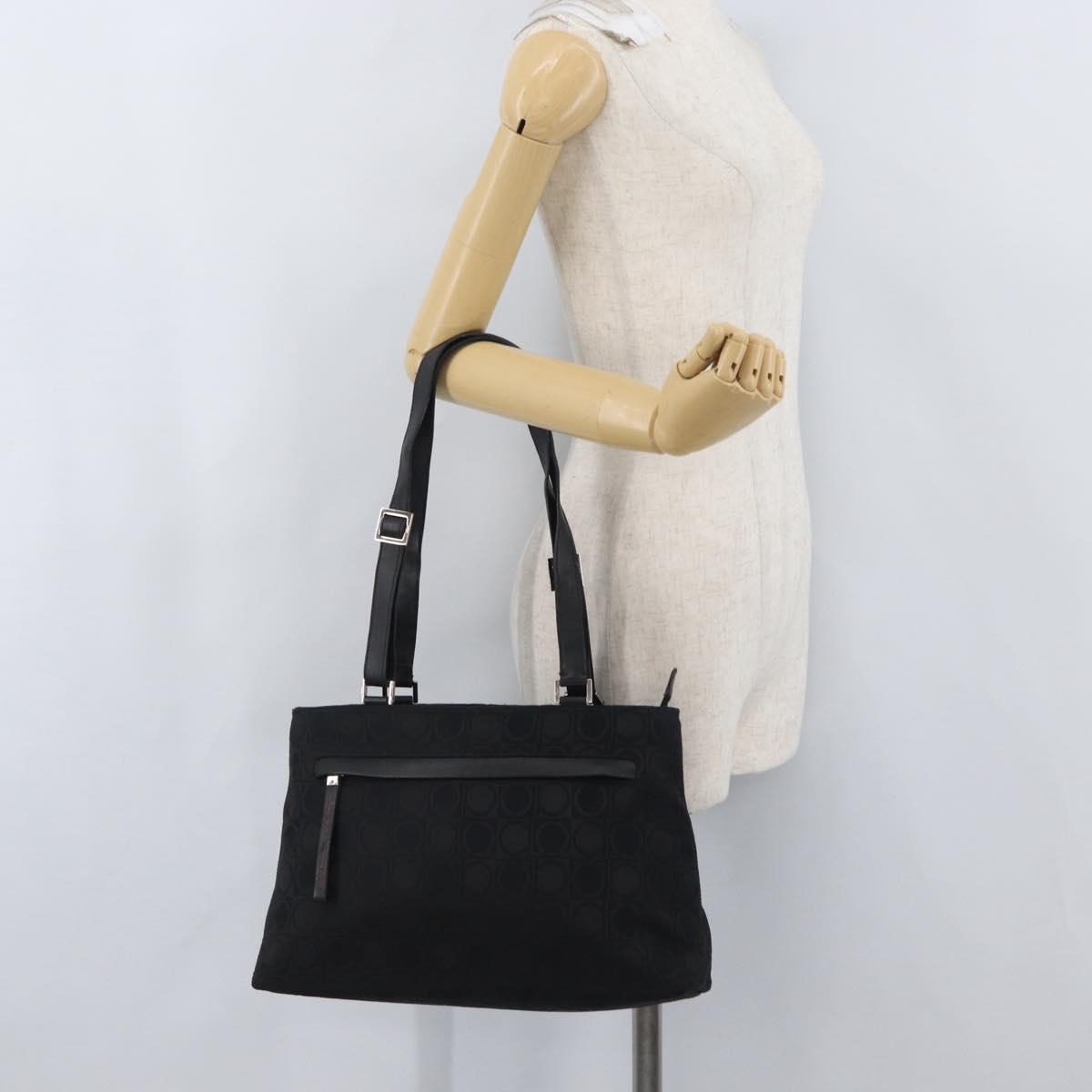 Salvatore Ferragamo Gancini Tote Bag Canvas Leather Black Silver Auth BA11046