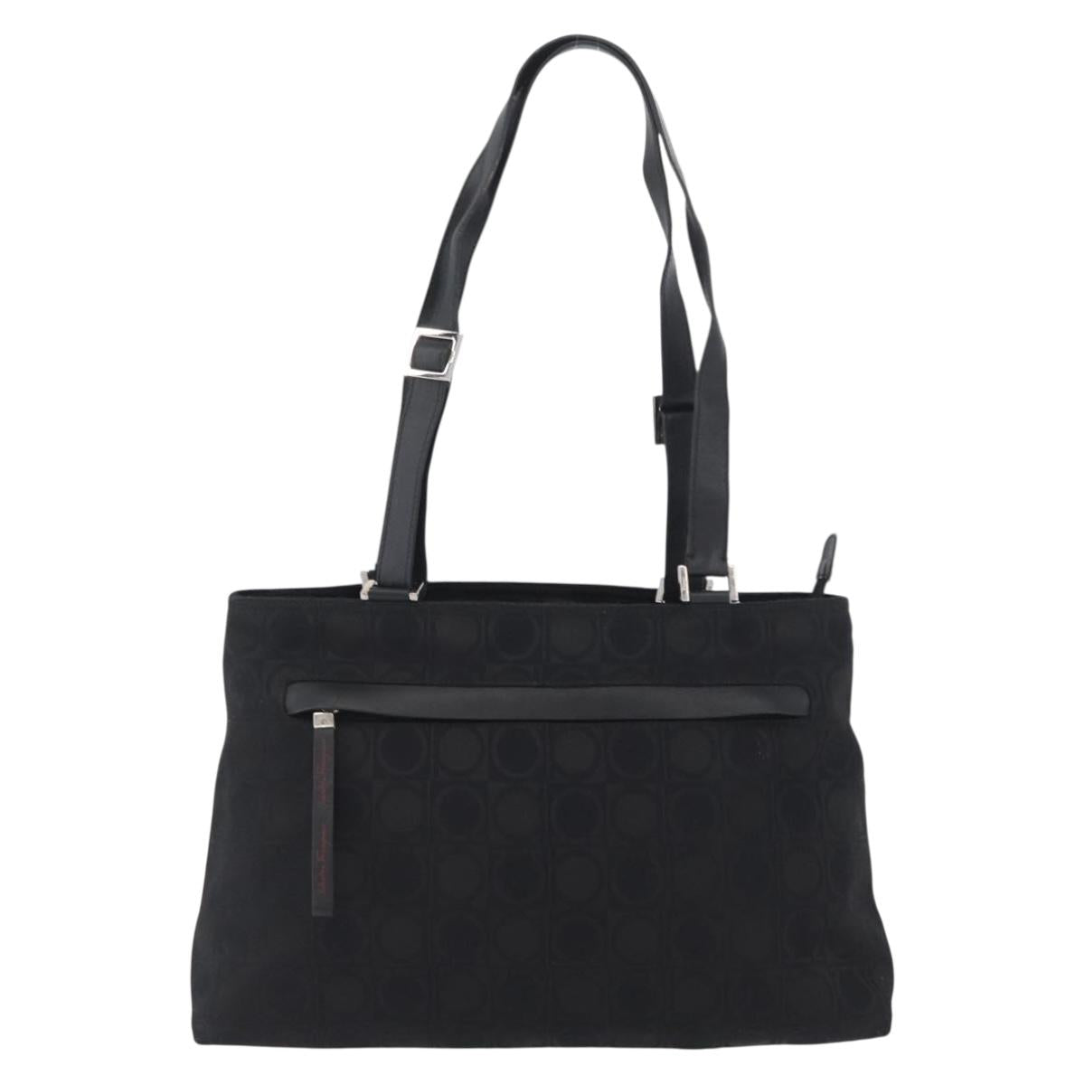 Salvatore Ferragamo Gancini Tote Bag Canvas Leather Black Silver Auth BA11046
