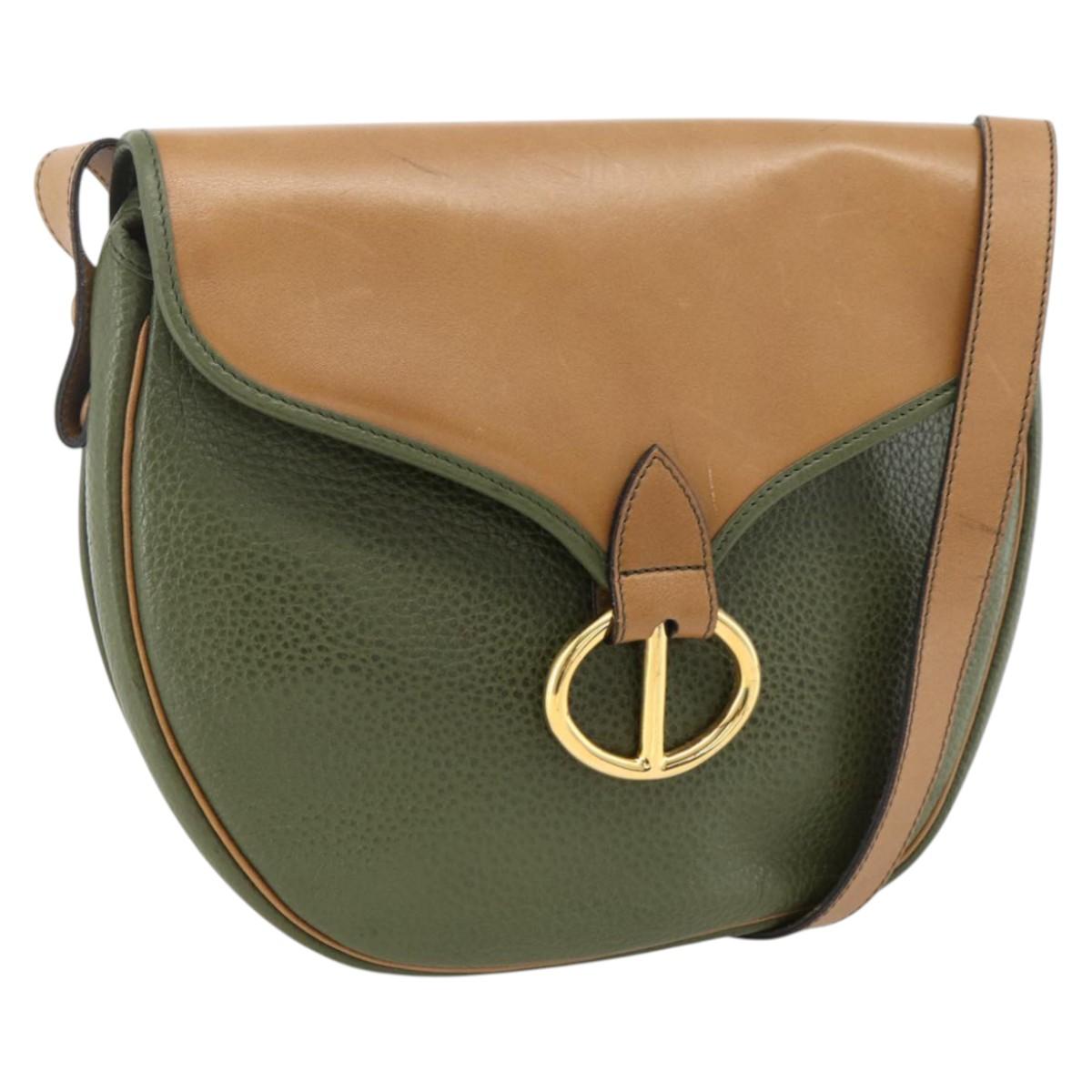 Christian Dior Shoulder Bag Leather Khaki Gold Auth BA11048