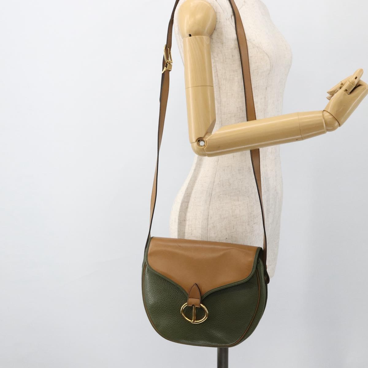 Christian Dior Shoulder Bag Leather Khaki Gold Auth BA11048