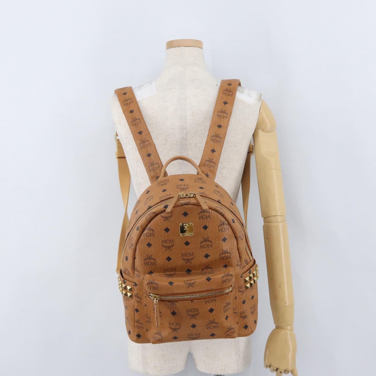 MCM Vicetos Logogram Backpack PVC Leather Brown Gold Auth BA11051