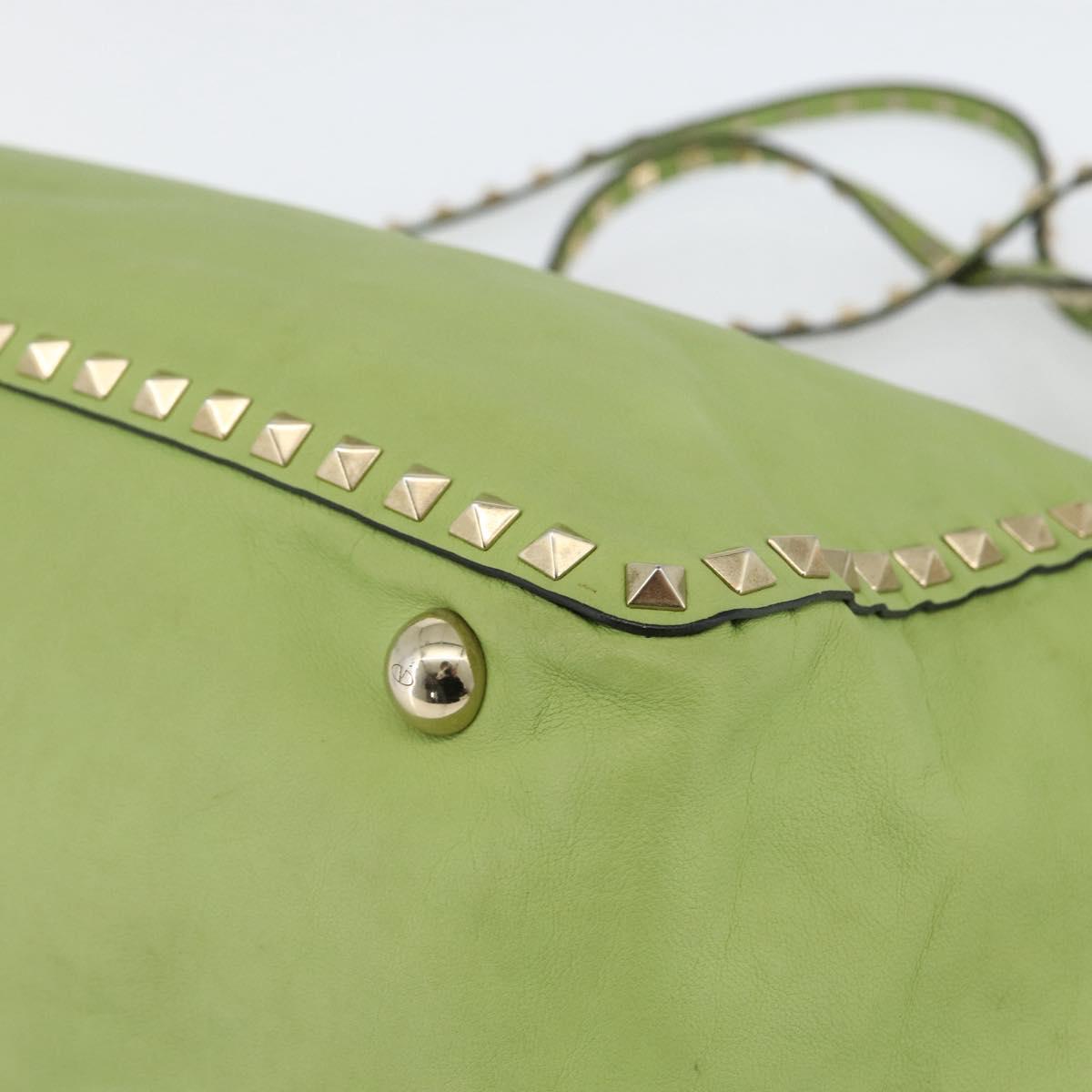 VALENTINO Rock Studs Tote Bag Leather Gold Light green Auth BA11057