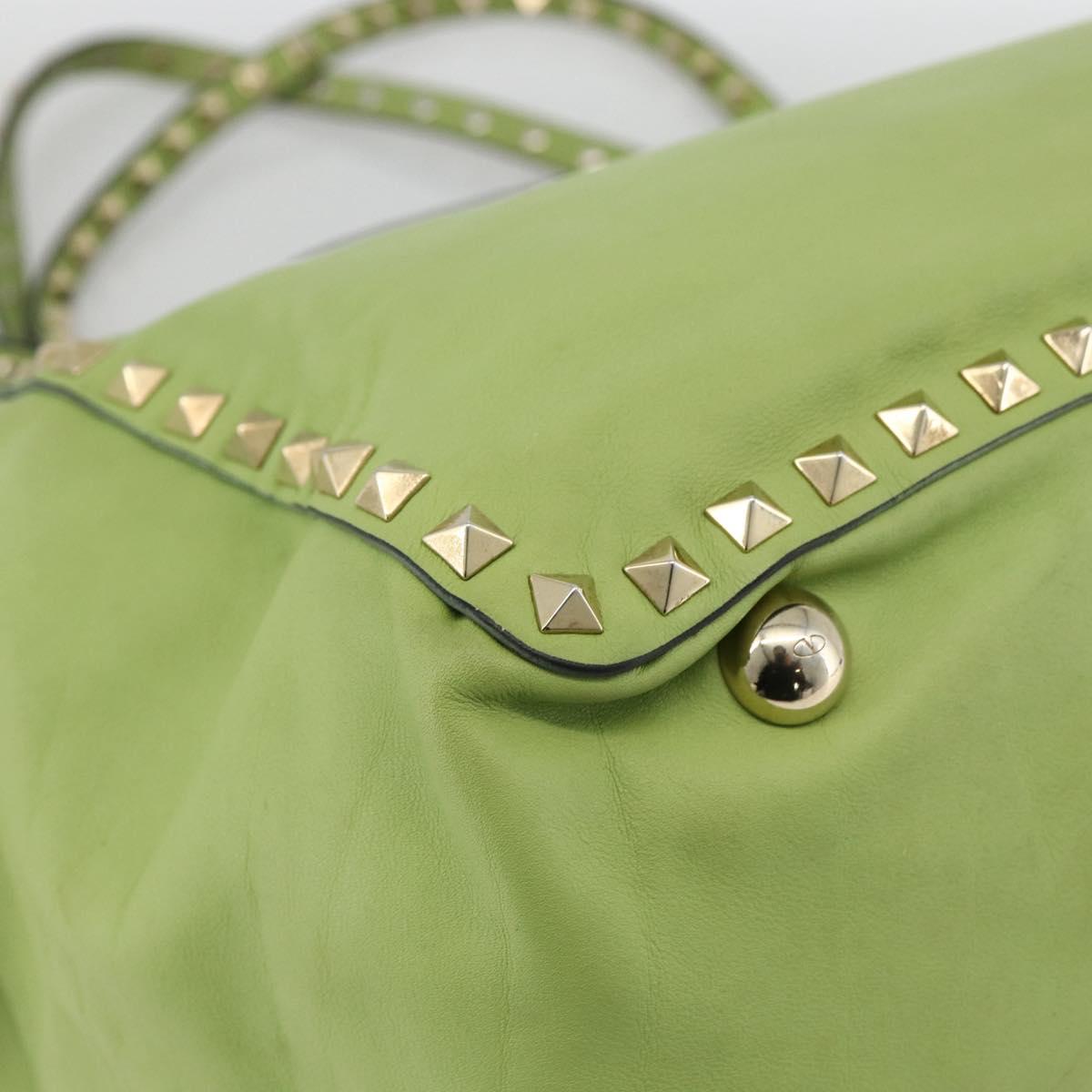 VALENTINO Rock Studs Tote Bag Leather Gold Light green Auth BA11057