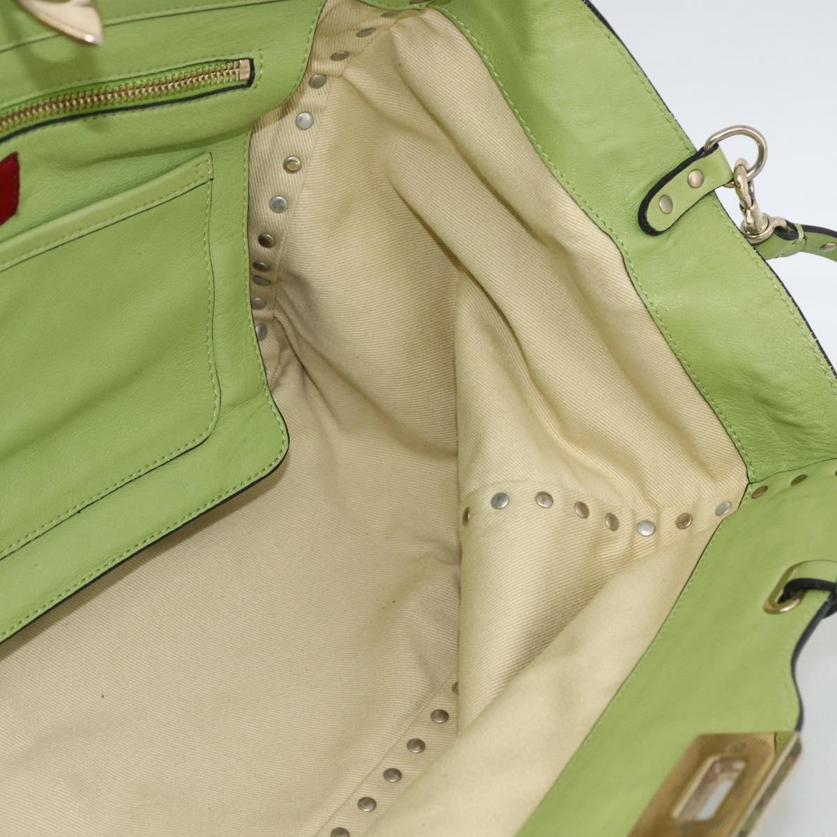 VALENTINO Rock Studs Tote Bag Leather Gold Light green Auth BA11057