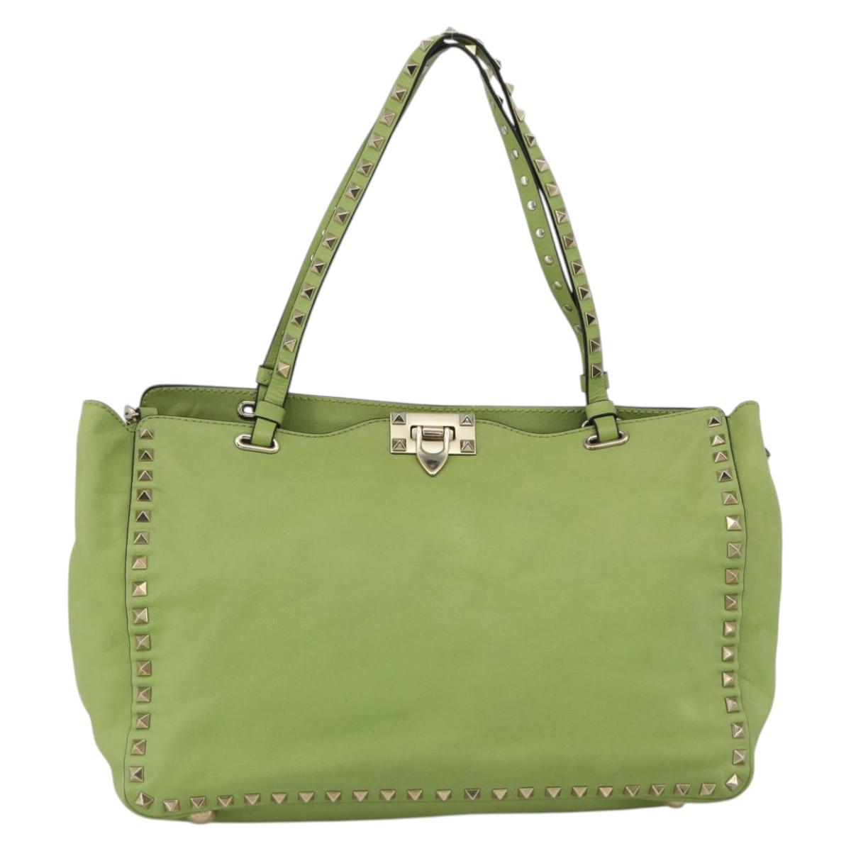 VALENTINO Rock Studs Tote Bag Leather Gold Light green Auth BA11057