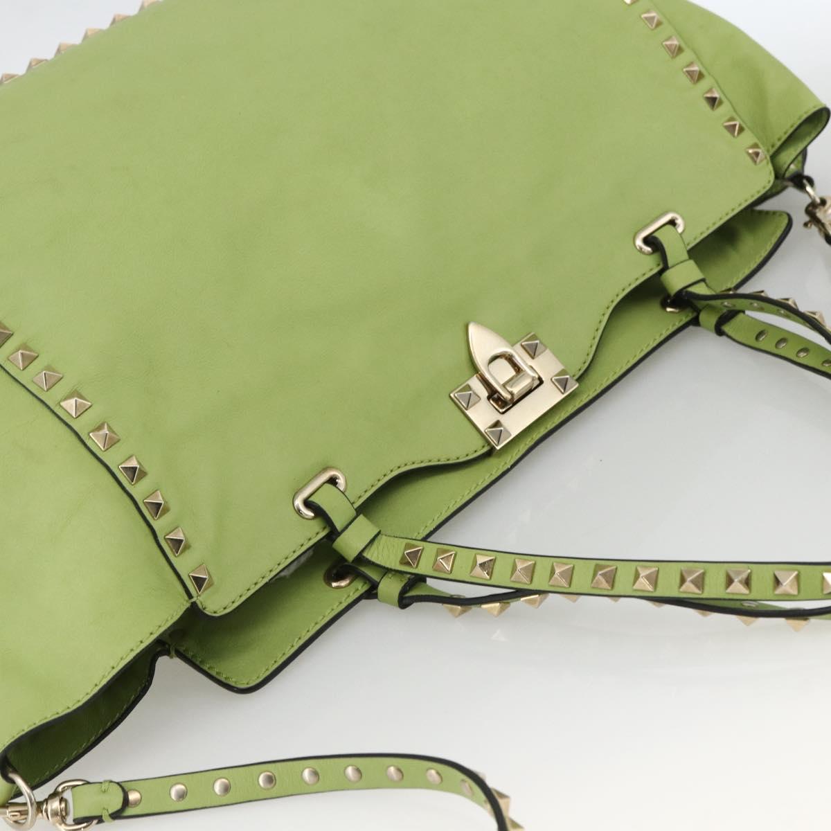 VALENTINO Rock Studs Tote Bag Leather Gold Light green Auth BA11057