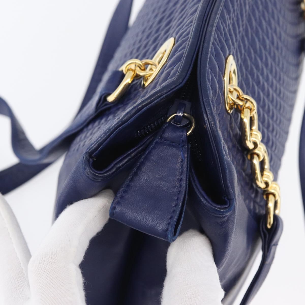 BALLY Quilted Chain Shoulder Bag Leather Blue Gold Auth BA11081