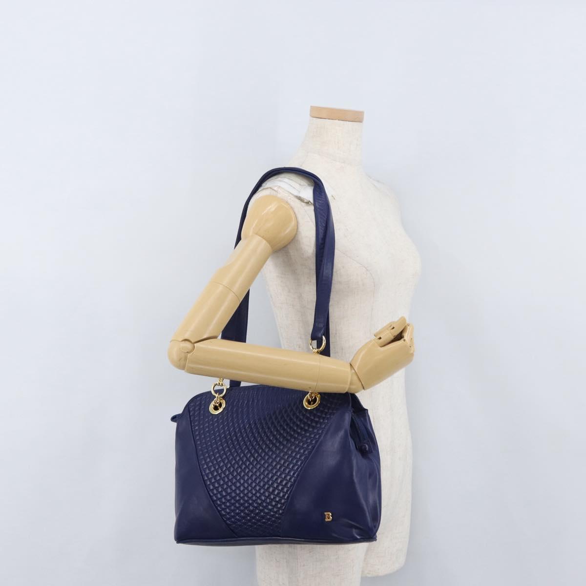 BALLY Quilted Chain Shoulder Bag Leather Blue Gold Auth BA11081