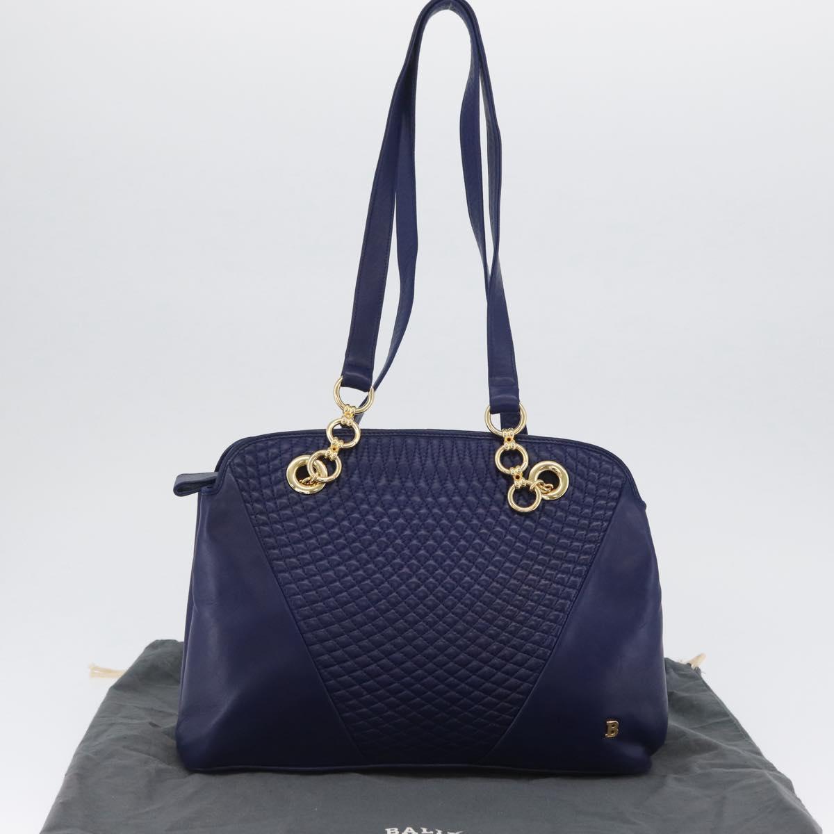 BALLY Quilted Chain Shoulder Bag Leather Blue Gold Auth BA11081