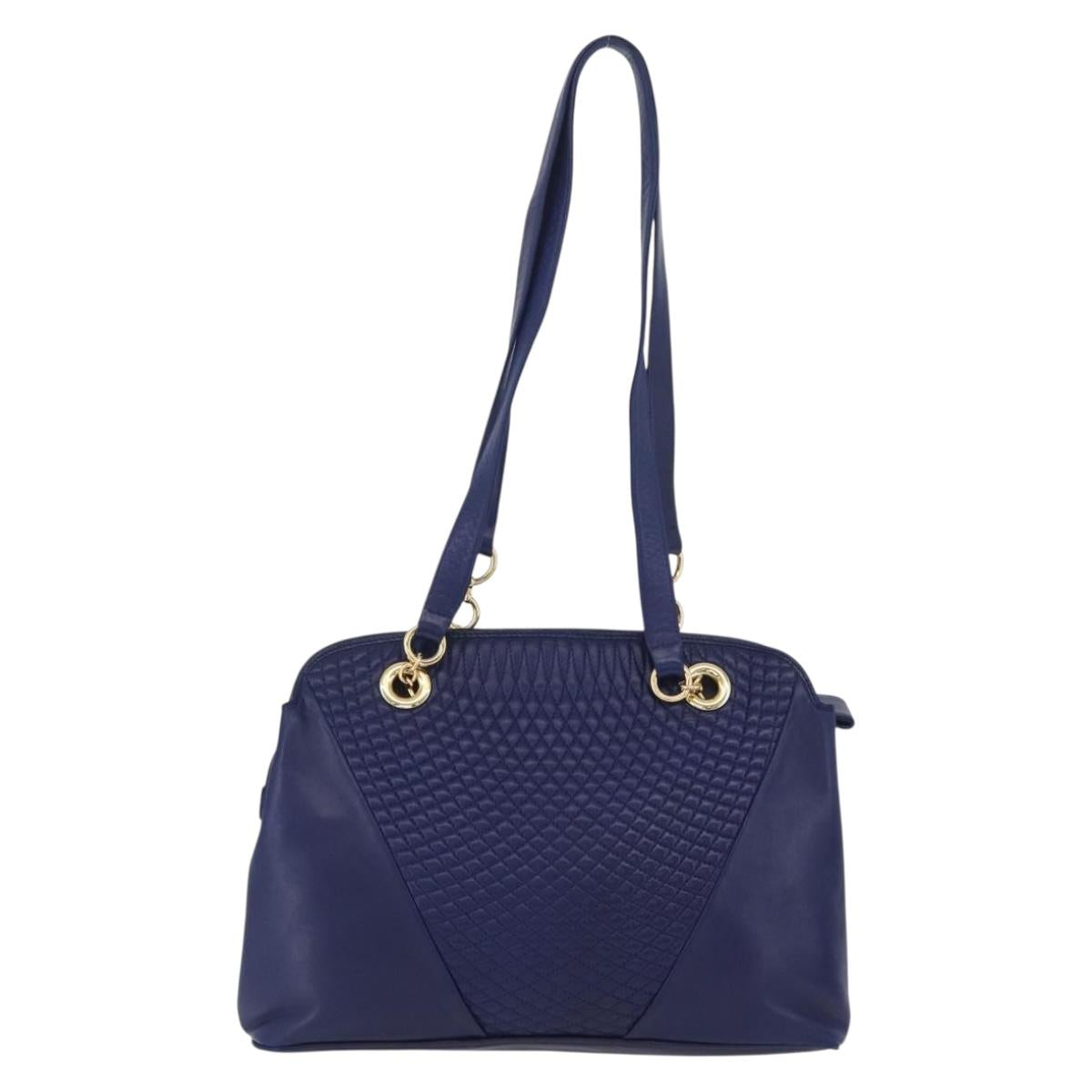BALLY Quilted Chain Shoulder Bag Leather Blue Gold Auth BA11081