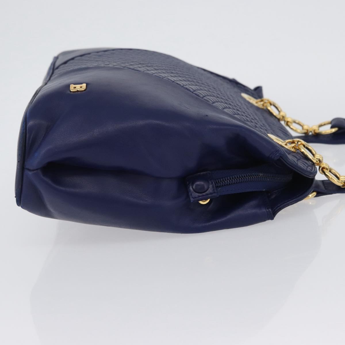 BALLY Quilted Chain Shoulder Bag Leather Blue Gold Auth BA11081