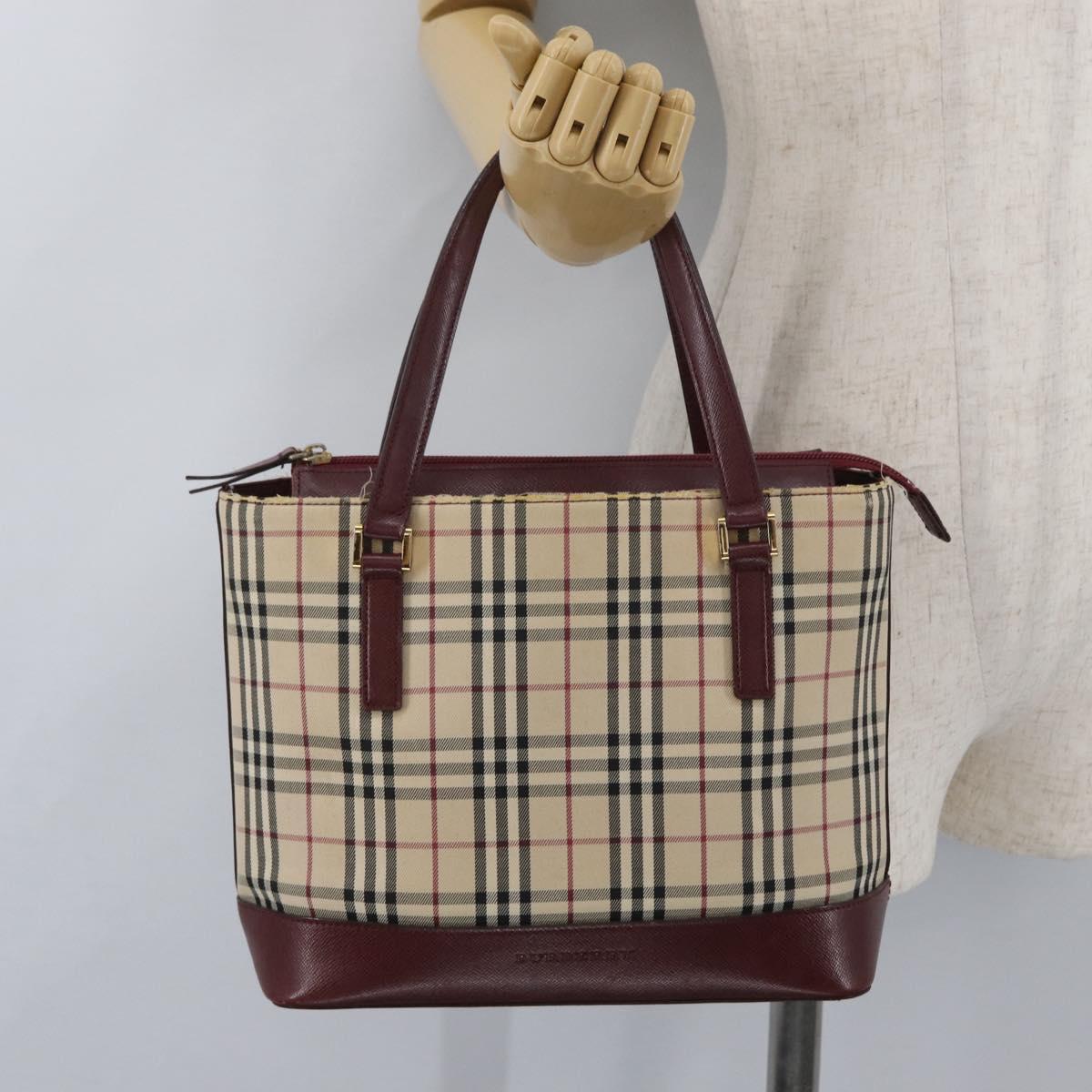 BURBERRY Nova Check Hand Bag Canvas Beige Red gold Auth BA11091