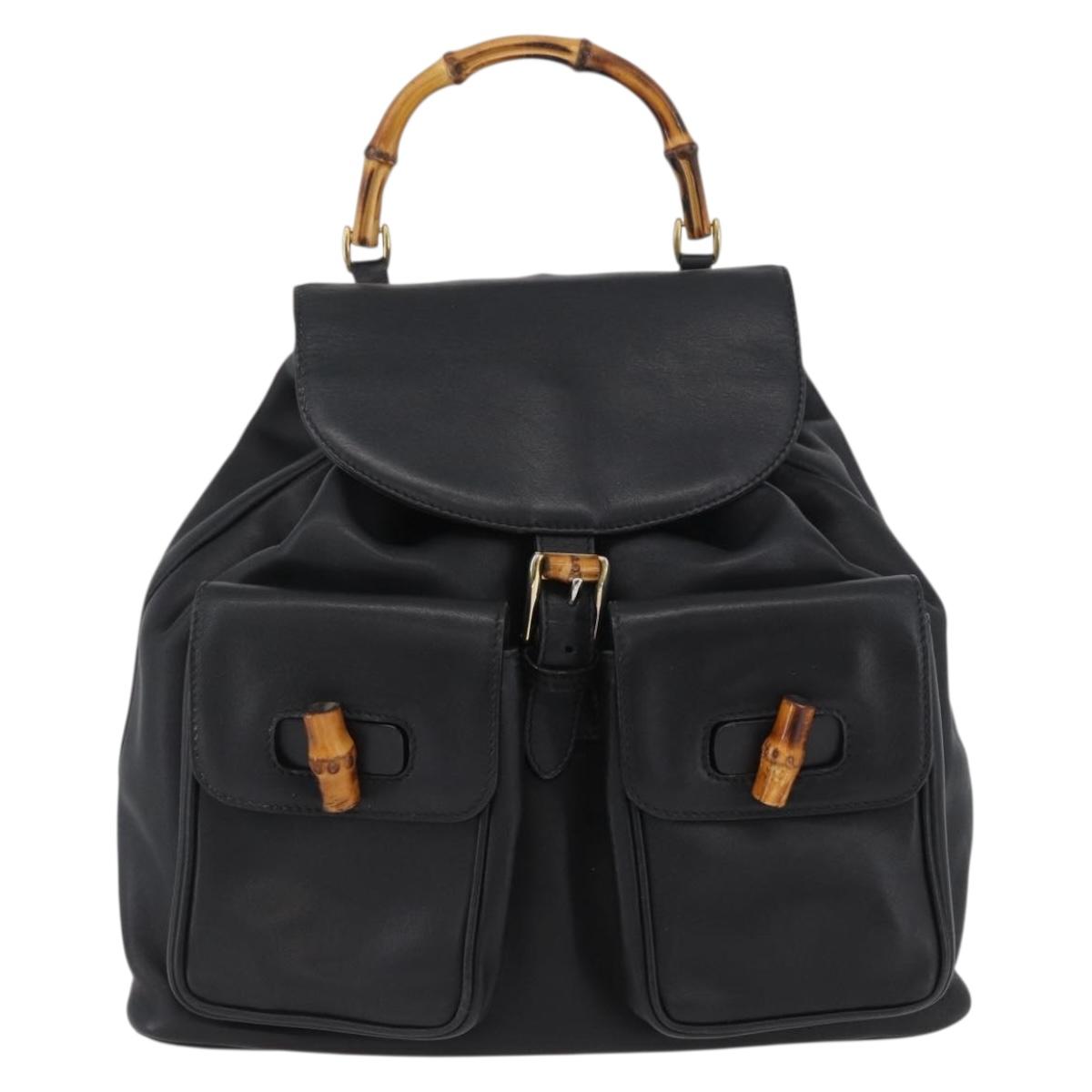 GUCCI Bamboo Backpack Leather Black Gold 003 2058 0016 Auth BA11115
