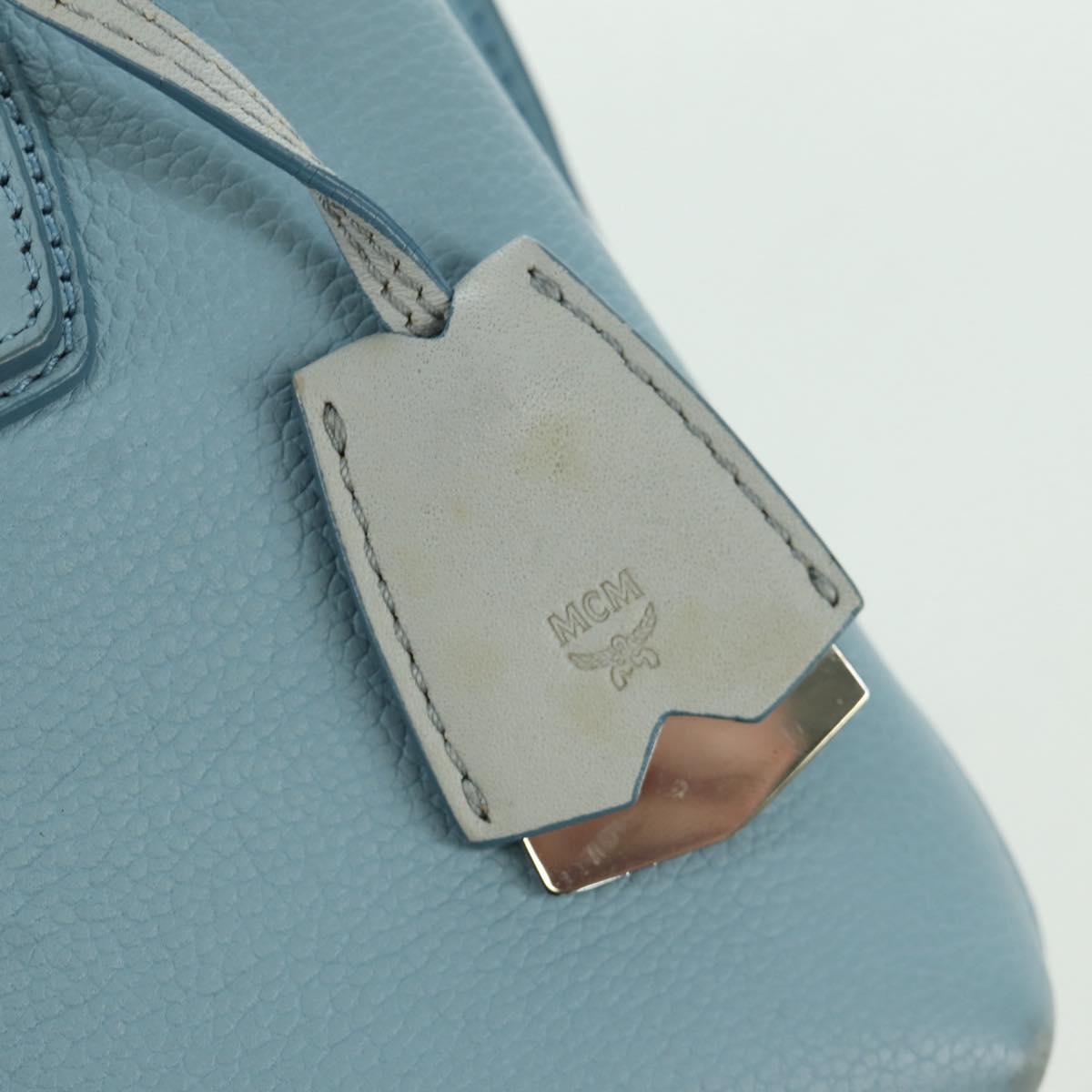 MCM Hand Bag Leather 2way Light Blue Silver Auth BA11118V