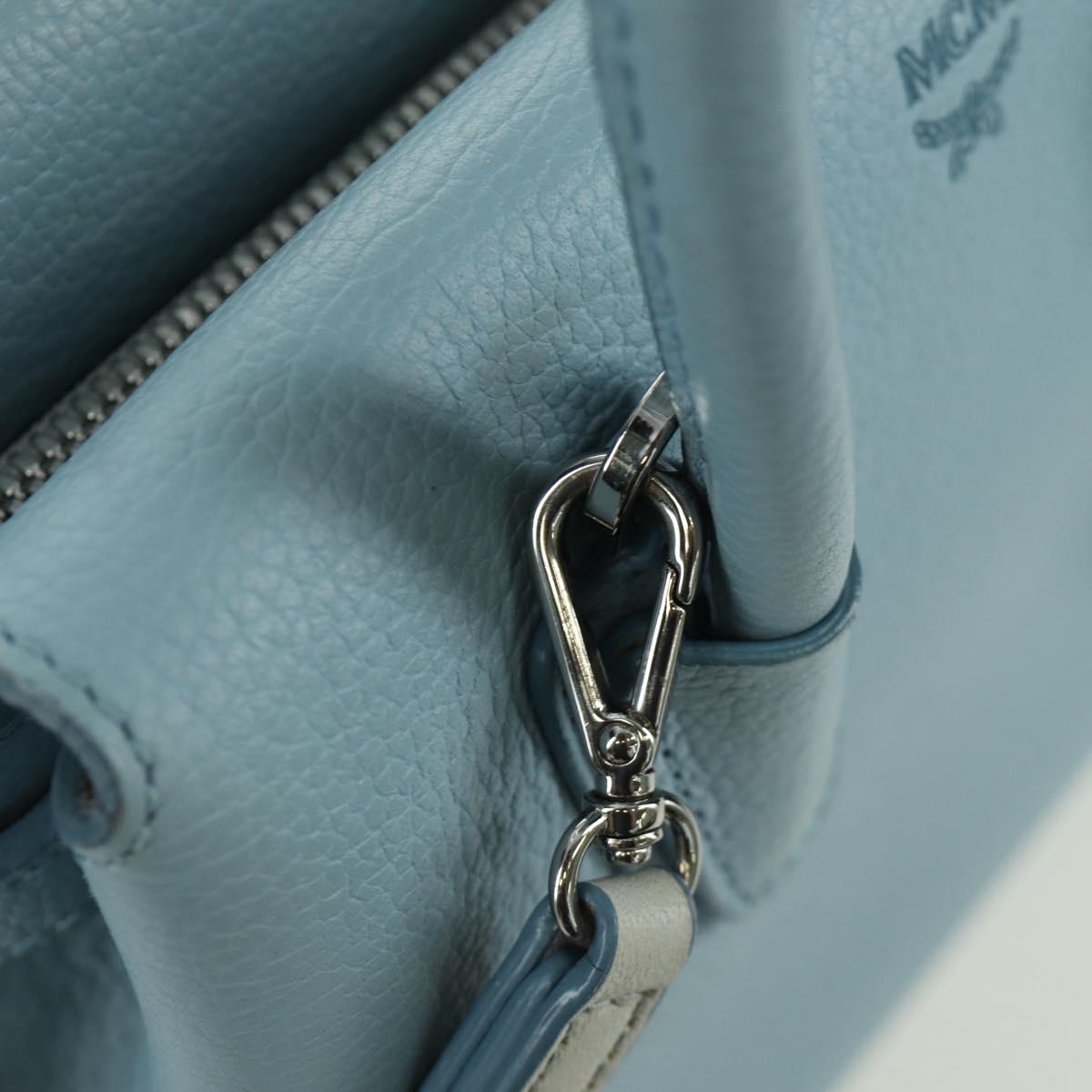 MCM Hand Bag Leather 2way Light Blue Silver Auth BA11118V