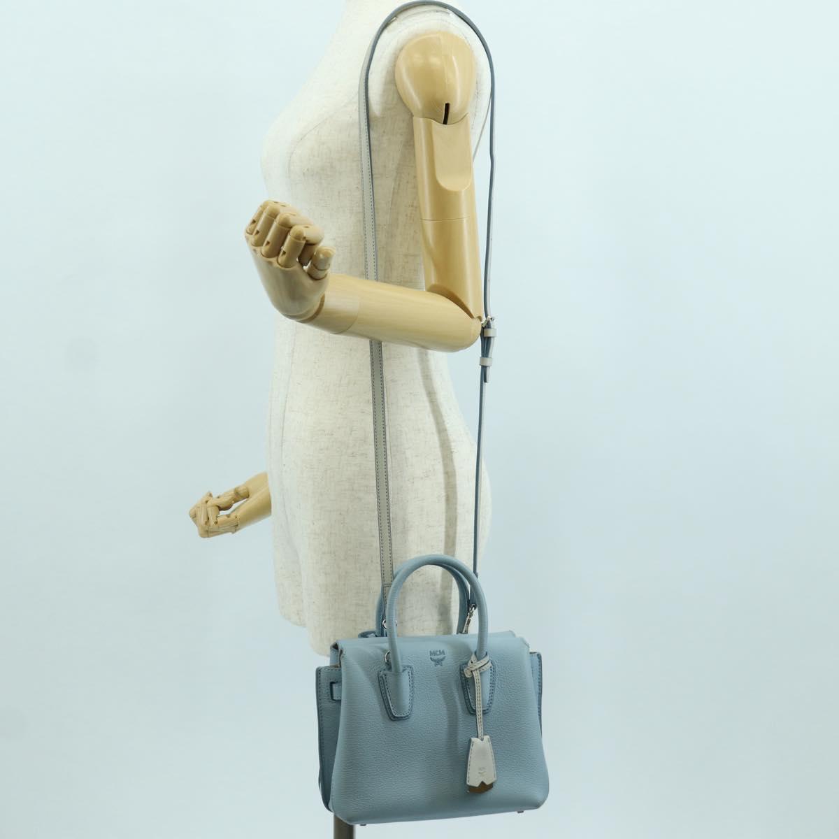 MCM Hand Bag Leather 2way Light Blue Silver Auth BA11118V