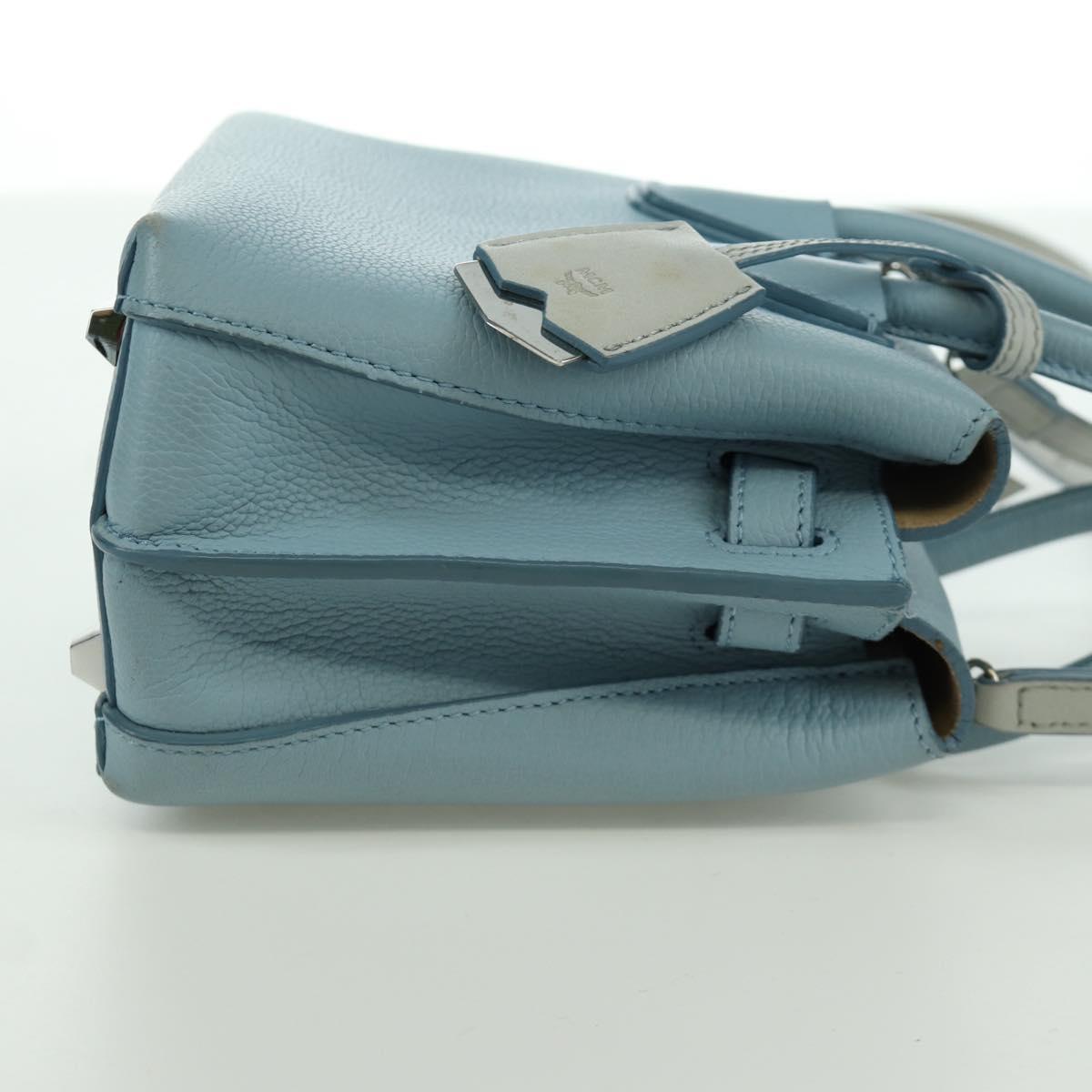MCM Hand Bag Leather 2way Light Blue Silver Auth BA11118V