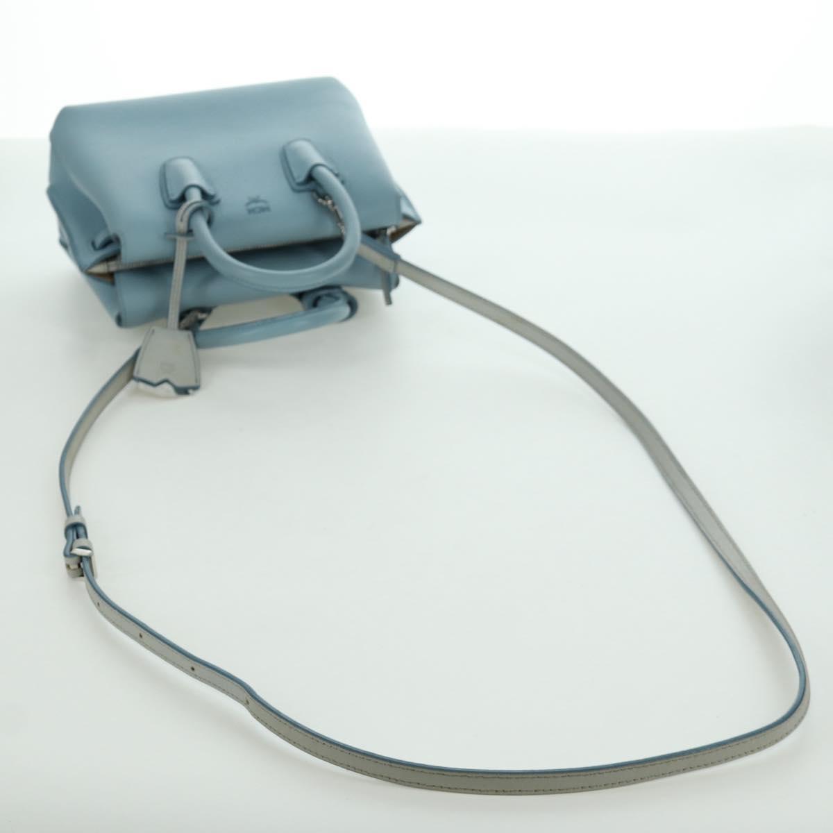 MCM Hand Bag Leather 2way Light Blue Silver Auth BA11118V