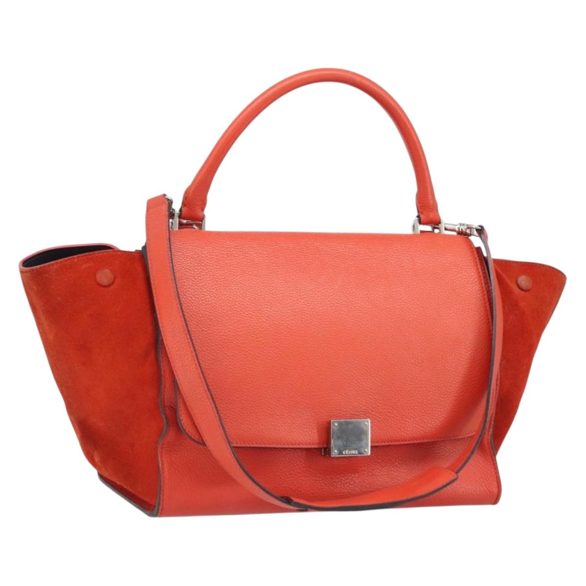CELINE Trapeze Hand Bag Leather 2way Red Silver Auth BA11130