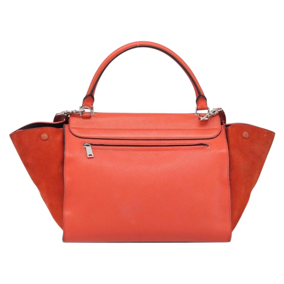 CELINE Trapeze Hand Bag Leather 2way Red Silver Auth BA11130
