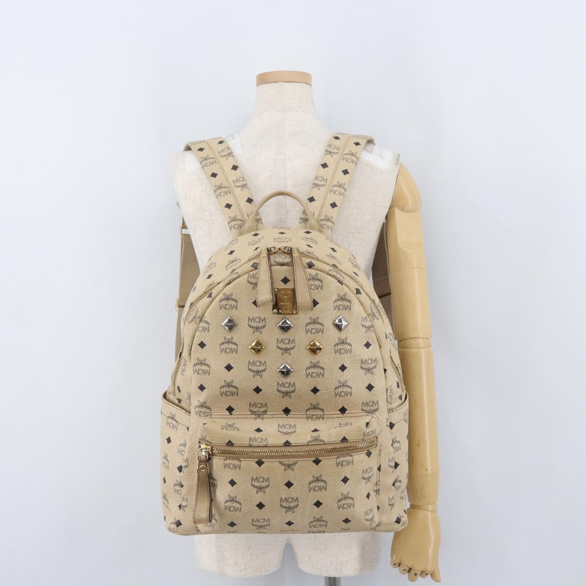 MCM Logogram Vicetos Backpack PVC Leather Beige Gold Silver Auth BA11136