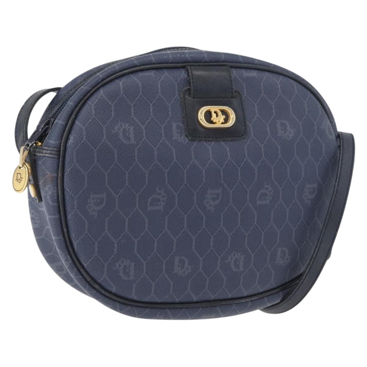 Christian Dior Honeycomb Canvas Shoulder Bag PVC Navy Gold Auth BA11145