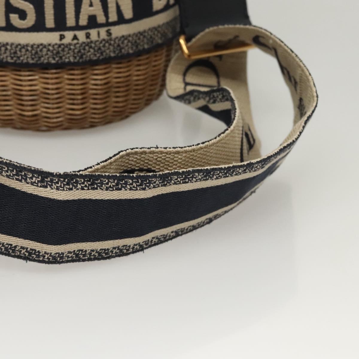 Christian Dior Oblique Wicker Shoulder Bag Rattan Navy Brown gold Auth BA1114AM